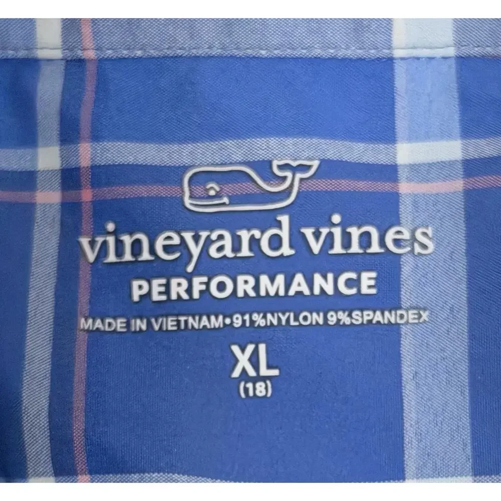 Vineyard Vines Performance Shirt Boys XL 18 Blue White Plaid Long Sleeve Logo